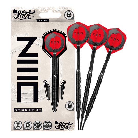 Freccette morbide Shot ZEN Straight - 20 g Hier sieht man die Shot ZEN Straight Softdarts mit 20 Gramm Gewicht. Sie sind speziell für Softdartspieler konzipiert.