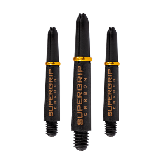HR351_Harrows_Supergrip_Carbon_Shafts_Gold_33mm_16CIf3OmXe0gF4 Das Bild zeigt drei schwarze Harrows Supergrip Carbon Shafts mit goldenen Ringen. Die Aufschrift "SUPERGRIP CARBON" ist deutlich auf jedem Schaft zu erkennen.