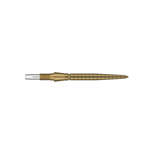 Punte per freccette Target Swiss Storm Quartz - Oro Dies ist eine goldfarbene Dartspitze mit feinen Rillen und Linien. Sie hat ein schlankes, präzises Design und eine silberne Spitze am Ende.