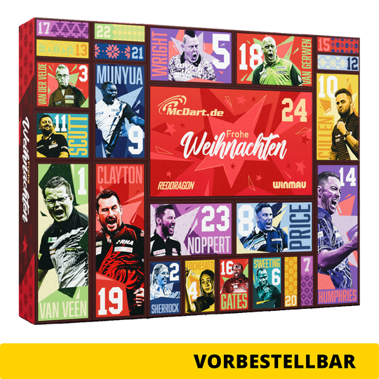 Calendario dell'Avvento 2026 con freccette in acciaio McDart Zu sehen ist der McDart Steel-Darts Adventskalender 2026. Der Kalender bietet Überraschungen für Steeldart-Spieler.