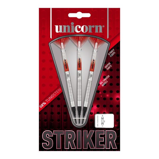 Freccette morbide Unicorn Core XL Striker Style 1 - 19 g Das Bild zeigt eine Packung der "Unicorn Core XL Striker Style 1 Softdarts - 19g". In der Verpackung befinden sich drei silberfarbene Softdarts mit roten und weißen Details.
