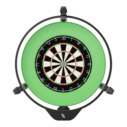 Sistema di punteggio automatico elettronico Scolia Home 2 2026 Das Bild zeigt ein elektronisches Punktesystem für Darts, das Scolia Home 2. Es besteht aus einem Dartboard mit einem leuchtenden grünen Ring rundherum.