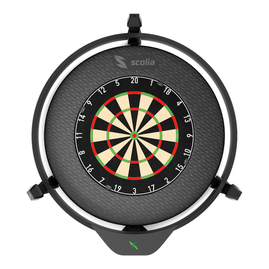 Bordo per bersaglio per freccette Scolia Stealth Scolia Stealth Dartboard Surround ist auf diesem Bild zu sehen. Das Produkt schützt die Wand rund um die Dartscheibe.