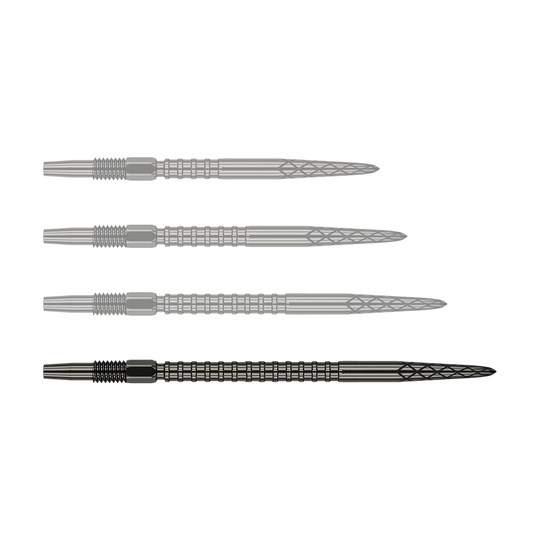 Punte per freccette Target Swiss DS Surge Point - Nere Das Bild zeigt vier schwarze Dartspitzen, die nebeneinander ausgerichtet sind. Jede Spitze hat ein geriffeltes und gemustertes Design entlang des Schafts.