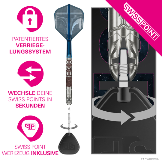 Dardi in acciaio Target Star Wars Mandalorian 95 Swiss Point Das Bild zeigt die Target Star Wars Mandalorian 95 Swiss Point Steeldarts. Es handelt sich um hochwertige Steeldarts mit einem Mandalorian-Design.