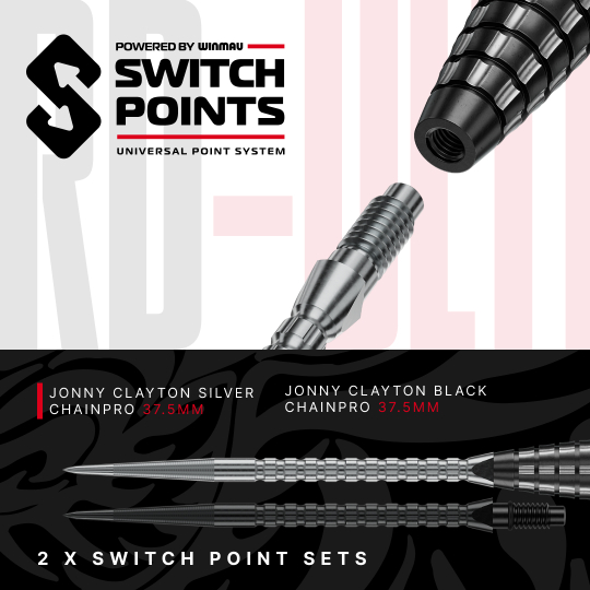 Die Abbildung zeigt die Red Dragon Jonny Clayton RD-ULTRA Switch Point Steeldarts mit 22 Gramm. Die Darts liegen nebeneinander und sind gut sichtbar.