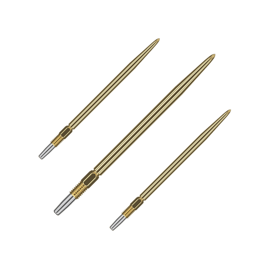 Punte per freccette Target Swiss Point Gold Auf dem Bild sind drei goldene Dartspitzen zu sehen. Sie haben ein geriffeltes silbernes Endstück zur Befestigung.