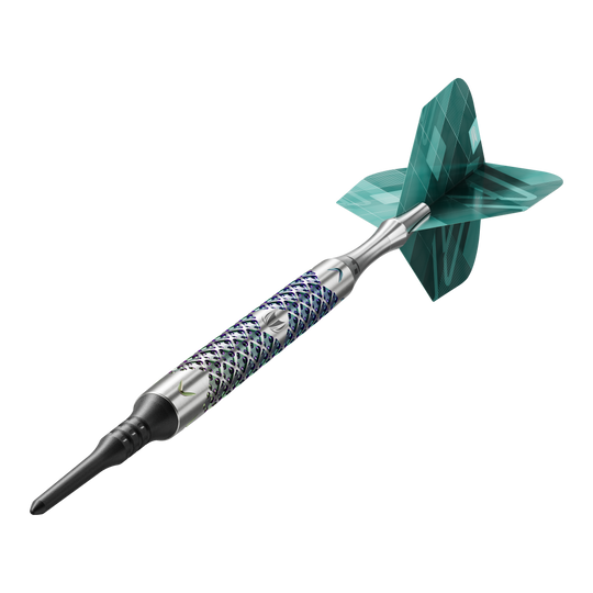 Target Rove 10 freccette morbide Das Bild zeigt einen einzelnen Target Rove 10 Softdart. Der Dart hat ein silbernes, gemustertes Barrel und grüne Flights.
