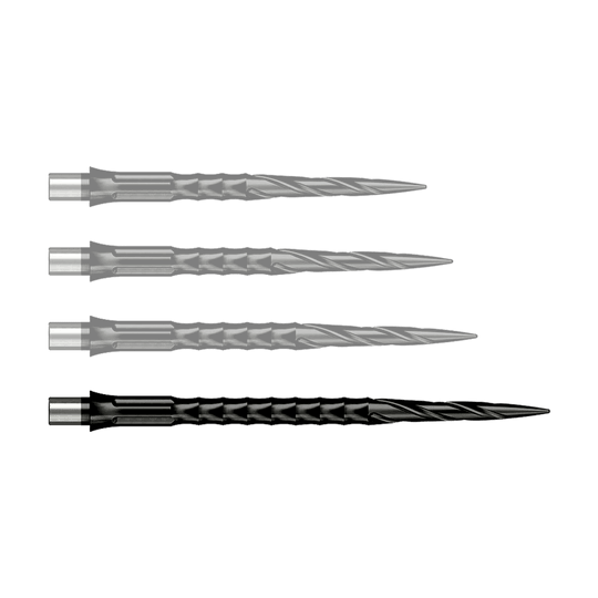 Zu sehen ist ein Produkt mit dem Dateinamen EVO033_Caliburn_Evo_System_Steeldartspitzen_Spiro_NoLip_Black_40mm_1. Wahrscheinlich handelt es sich um eine einzelne schwarze Steeldartspitze.
