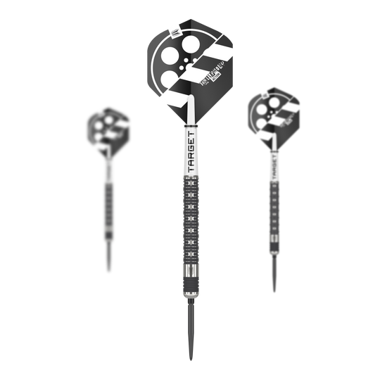 Freccette in acciaio Target Chris Dobey Hollywood Action Swiss Point Das Bild zeigt drei Steeldarts des Modells „Target Chris Dobey Hollywood Action Swiss Point“. Die Flights der Darts sind schwarz-weiß gestaltet und mit einem Filmklappen-Motiv bedruckt.