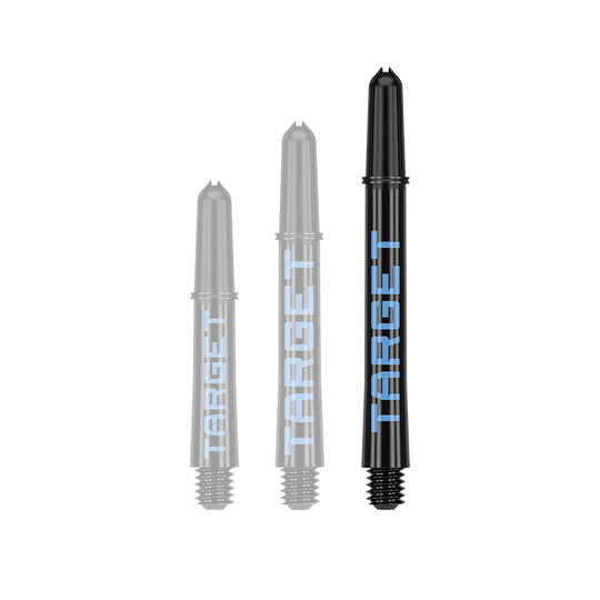 Aste Target Pro Grip TAG - 3 set - Nero Blu Auf dem Bild sind drei schwarze Dart-Schäfte in verschiedenen Längen zu sehen. Auf jedem Schaft steht das Wort "TARGET" in blauer Schrift.
