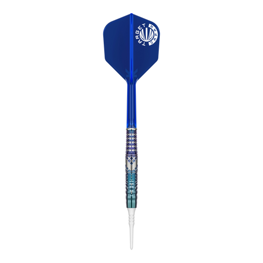 Target Japan Cathy Leung Charis GEN5 Freccette morbide - 19 g Das Bild zeigt einen Softdart mit einem blauen Flight und silber-blau gemustertem Griff. Es handelt sich um das Produkt "Target Japan Cathy Leung Charis GEN5 Softdarts - 19g".