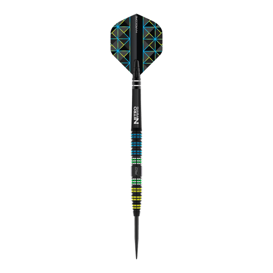 Das Bild zeigt einen Red Dragon Dragonfly 95 Black Tapered Steeldart. Der Dart hat ein schwarzes Design mit farbigen Ringen und geometrischen Mustern auf den Flights.