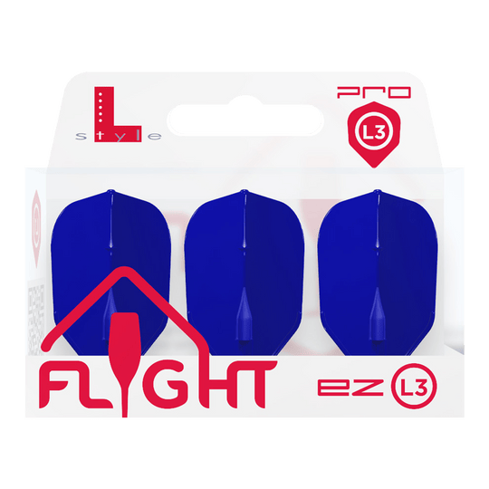 Voli L-L-Style3EZ Die Verpackung zeigt drei blaue Dart-Flights der Marke L-Style. Auf der Packung steht "FLIGHT ez L3" in roten Buchstaben.