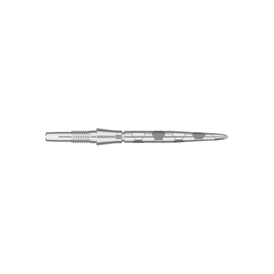 Punte per freccette Target Swiss Storm Onyx Point - Argento Auf dem Bild ist eine silberne Dartspitze mit Rillen und sechseckigen Mustern zu sehen. Sie ist lang und schlank gestaltet.