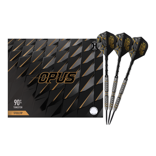 Freccette d'acciaio Harrows Opus Das Bild zeigt das Produkt "Harrows Opus Steeldarts" mit einem eleganten schwarzen Design. Drei Steeldarts sind neben der stilvollen Verpackung abgebildet.
