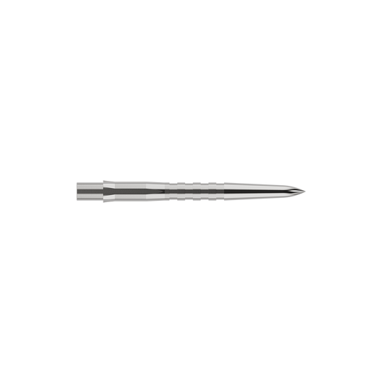 Punte per freccette Mission Caliburn EVO - Scanalate - Argento Auf dem Bild ist eine silberne, gerillte Steeldartspitze zu sehen. Sie ist schmal, lang und hat eine spitze Vorderseite.