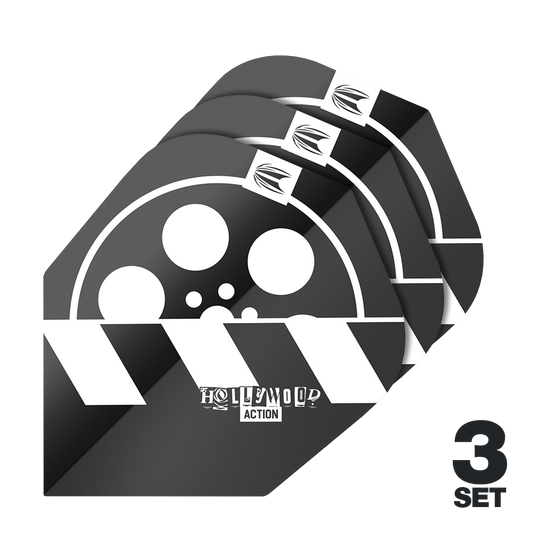 Target Pro Ultra Chris Dobey Hollywood Action No.6 Flights - 3 set Das Bild zeigt drei Sets der Target Pro Ultra Chris Dobey Hollywood Action No6 Flights. Die Flights haben ein schwarz-weißes Design mit einem Filmrollen- und Klappenmotiv sowie dem Schriftzug "Hollywood Action".