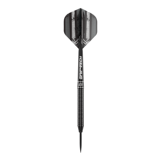 Freccette in acciaio al tungsteno GOAT Sprocket Das Bild zeigt einen einzelnen GOAT Sprocket Tungsten Steeldart. Der Dart hat ein modernes, schwarzes Design mit dem Schriftzug "GRIPTECH" auf dem Schaft.