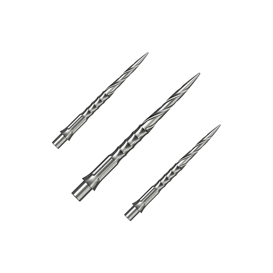 Punte per freccette in acciaio Caliburn System - Spiro - NoLip - argento Ein Set silberner Steeldartspitzen ist auf dem Bild zu sehen. Die Spitzen sind im Spiro NoLip Stil und 30 mm lang.