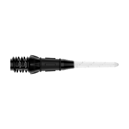 L-Style Premium Two Tone Lippoints (confezione da 30) Das Bild zeigt eine schwarze und weiße Dartspitze mit einem zweifarbigen Design. Die linke Seite ist schwarz und die rechte Seite ist weiß.