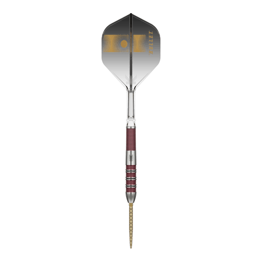 Freccette in acciaio Target Stephen Bunting 95K Swiss Point Das Bild zeigt einen Target Stephen Bunting 95K Swiss Point Steeldart. Der Dart hat ein elegantes Design mit einer Mischung aus silbernen und roten Elementen sowie einer schwarzen Flügel mit goldener Aufschrift.