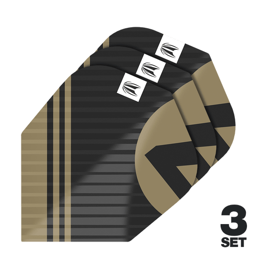Alette Target Pro Ultra Chicane nere No6 - 3 set Das Bild zeigt die "Target Pro Ultra Chicane Black No6 Flights" in einem schwarz-goldenen Design. Es sind insgesamt 3 Sets der Flights abgebildet.