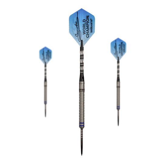 Campione del mondo Unicorn Gary Anderson Fase 3 Steeldarts Auf dem Bild sind drei Steeldarts des Produkts "Unicorn World Champion Gary Anderson Phase 3" zu sehen. Die Flights der Darts sind blau und mit einer Unterschrift sowie der Aufschrift "WORLD CHAMPION unicorn" bedruckt.
