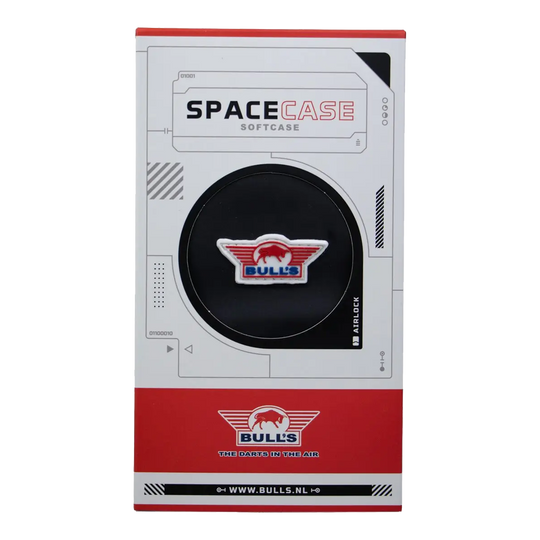 Das Bild zeigt das Produkt Bulls NL Spacecase Softcase in Schwarz-Rot. Es handelt sich um ein Softdart-Case für Dartpfeile und Zubehör.