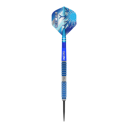 Das Bild zeigt einen Red Dragon Gerwyn Price Glacier Steeldart. Der Dart ist überwiegend blau und silbern mit einem eisigen, modernen Design.