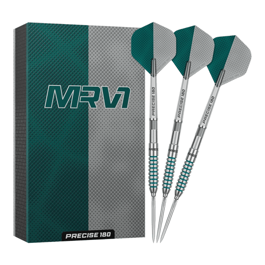 Freccette in acciaio Precise 180 MRV1 Hier sieht man die Precise 180 MRV1 Steeldarts - 23g in voller Länge. Sie sind ideal für genaue Würfe im Dartspiel.