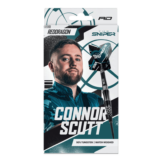 Gezeigt wird das Produkt Red Dragon Connor Scutt The Sniper Steeldarts - 22g. Die Steeldarts sind robust und perfekt ausbalanciert.