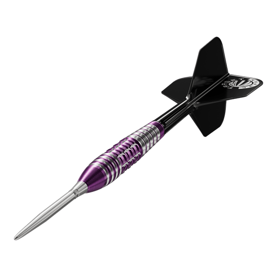 Freccette in acciaio Target Japan Prime Series Tung Suk Zenith GEN1 Swiss Point - 23 g Dies ist ein Steeldart aus der Target Japan Prime Serie in der Ausführung "Tung Suk Zenith GEN1 Swiss Point" mit 23g Gewicht. Der Dart hat ein auffälliges Design mit lila und silbernen Ringen und schwarzen Flights.