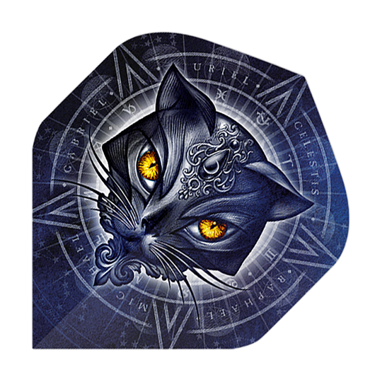 Alchemy Star Of Ailouros No2 Voli Standard Das Bild zeigt einen stilisierten Katzenkopf mit leuchtend gelben Augen vor einem mystischen, blauen Hintergrund. Im Hintergrund sind verschiedene Symbole und Schriftzüge in einem kreisförmigen Muster angeordnet.