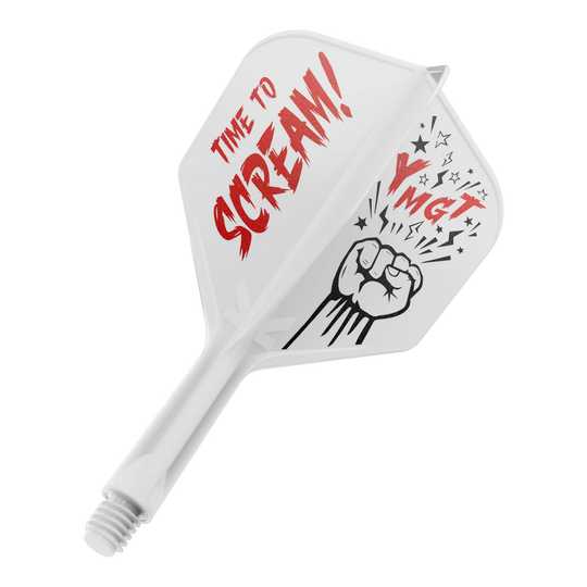 Sistema di albero di volo Target Japan K-Flex Scream No6 Das Bild zeigt eine Dartflügel- und Schaftkombination in Weiß mit roter und schwarzer Beschriftung. Auf dem Flügel steht "TIME TO SCREAM!" zusammen mit einer gezeichneten Faust und einigen Sternen.