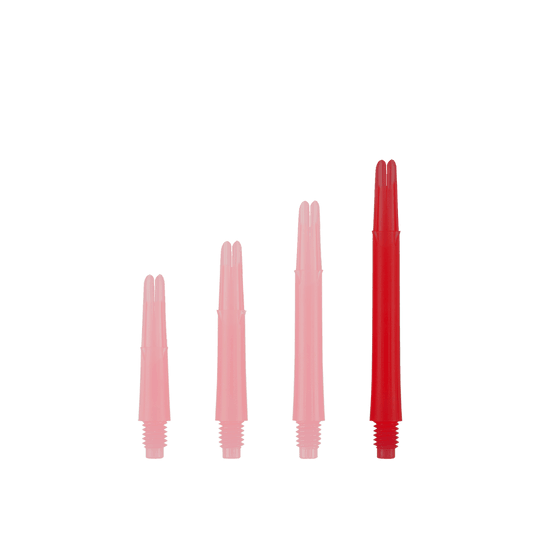 Alberi a L bloccati dritti - Rosso Das Bild zeigt vier rote, gerade Dart-Schäfte in unterschiedlichen Längen. Sie sind aufrecht und nebeneinander aufgereiht, ohne Kappen.