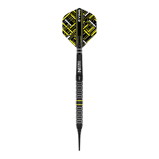 Red Dragon Astraeus Q4X Dardi Soft Paralleli - 20g Das Bild zeigt einen Red Dragon Astraeus Q4X Parallel Softdart mit einem Gewicht von 20g. Der Dart hat schwarze und gelbe Designelemente und eine strukturierte Griffzone.