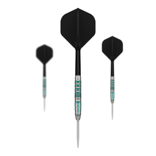Freccette in acciaio Target Japan Black Marque Pierce Swiss Point Das Bild stellt das Target Japan Black Marque Pierce Swiss Point Steeldarts Set dar. Es handelt sich um hochwertige Darts für professionelle Ansprüche.