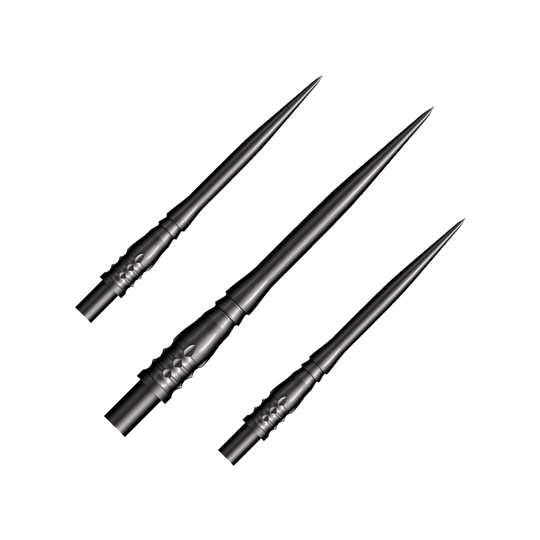 Punte per freccette Shot Cone Rocket Steel - Nere - 35 mm Das Bild zeigt drei schwarze Steeldart-Spitzen des Modells "Shot Cone Rocket" mit einer Länge von 35 mm. Die Spitzen sind schlank, spitz zulaufend und haben ein filigranes Design.