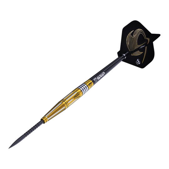 Freccette in acciaio Bulls Stingray ST4 Das Bild zeigt einen Bulls Stingray ST4 Steeldart. Der Dart hat ein goldfarbenes Barrel und schwarze Flights mit einem auffälligen Design.
