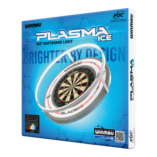 Luce LED per freccette al plasma Winmau Plasma Ice Die Abbildung zeigt die Verpackung des "Winmau Plasma Ice LED Dartboard Light". Das Produkt bietet eine 360° Beleuchtung für Dartboards.