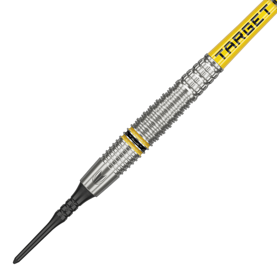 Freccette morbide Target Scott Williams GEN2 - 18 g Das Bild zeigt einen Target Scott Williams GEN2 Softdart mit einem Gewicht von 18 Gramm. Der Dart hat silberne Rillen und gelbe Akzente sowie die Aufschrift "TARGET" auf dem Schaft.