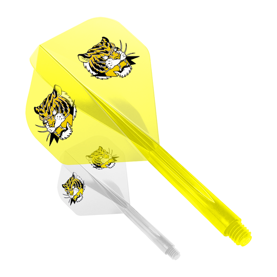 Condor AX Inazuma Tiger Mix Flight System Giallo Trasparente - Standard Das Bild zeigt zwei Dart-Flights des Modells "Condor AXE Inazuma Tiger Mix Flight-System" in Gelb und Transparent. Beide Flights sind mit einem Tigerkopf-Motiv bedruckt.