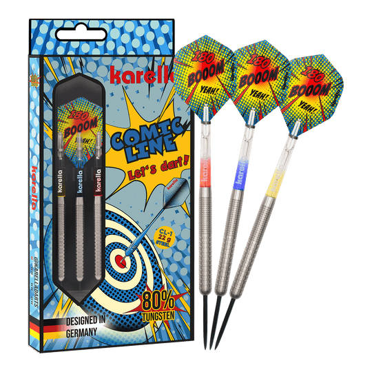 Freccette in acciaio Karella Comic Line CL-1 - 22 g Das Bild zeigt den Karella Comic Line CL-1 Steeldarts - 22g. Es veranschaulicht die vollständige Ansicht des Steeldartpfeils.