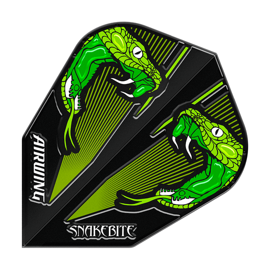 Voli standard Green V di Peter Wright Airwing del Red Dragon Das Bild zeigt einen Dartflight mit zwei grünen Schlangen auf schwarzem Hintergrund. Die Wörter "AIRWING" und "SNAKEBITE" sind auf dem Flight zu sehen.