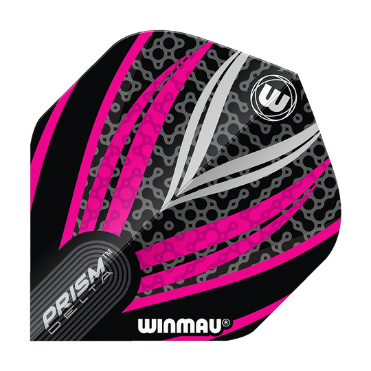 Voli standard Winmau Prism Delta Nero Bianco Rosa n. 2 Das Bild zeigt ein Winmau Prism Delta Dart Flight in den Farben Schwarz, Weiß und Pink. Das Flight hat ein modernes Muster mit Linien und dem Winmau-Logo darauf.