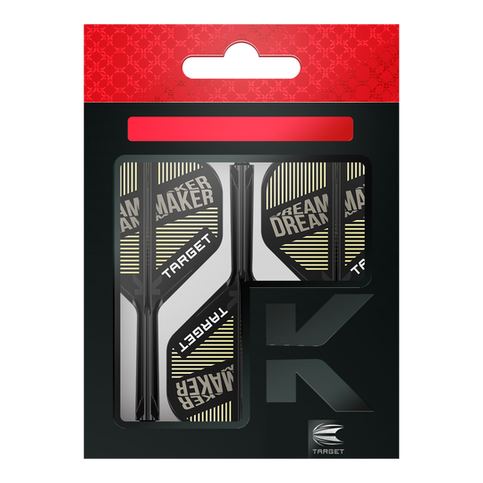 Target K-Flex Dimitri Van Den Bergh No2 Standard Flight Shaft System Das Bild zeigt eine Verpackung mit Dart-Flights und Schäften der Marke Target. Auf den Flights steht der Text "DREAM MAKER".