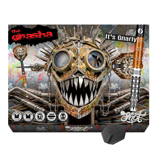 Freccette in acciaio Shot Gnarly Gnasha Turbo Point - 23 g Zu sehen ist ein weiterer Blickwinkel auf die Shot Gnarly Gnasha Turbo Point Steeldarts mit 23g. Die Darts bieten einen guten Halt und eine optimale Balance.