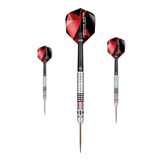Shot Michael Smith Ottieni freccette d'acciaio Das Bild zeigt drei Steeldarts mit silbernen Griffen und roten, schwarzen Flights. In der Mitte ist ein Dart in Großaufnahme zu sehen, während rechts und links je ein Dart kleiner abgebildet sind.