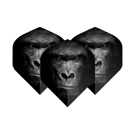 Voli Pentathlon Gorilla Das Bild zeigt drei Dart-Flights mit dem Gesicht eines Gorillas und leuchtend roten Augen. Die Flights sind das Produkt "Pentathlon Gorilla No2 Standard Flights".